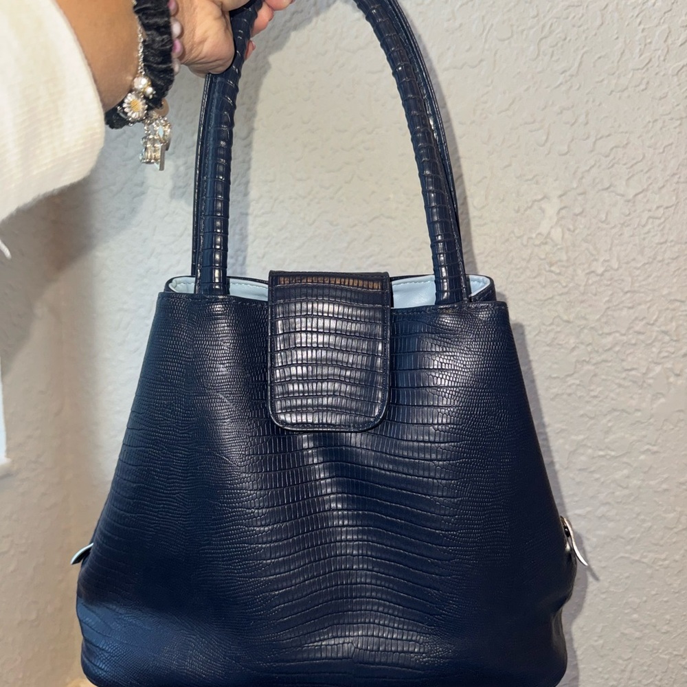 Elegant Dark blue Crocodile-Embossed Handbag - Geir Ness - Reversible - like new